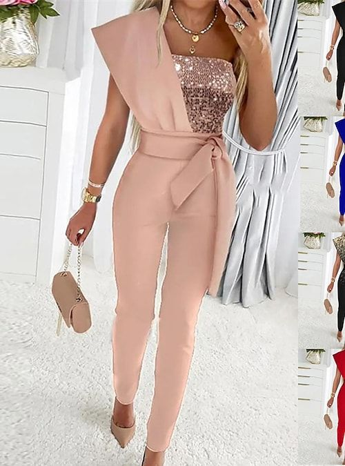 Koscy Graceful One-Shoulder Dusty Rose Sequins Jump Suit