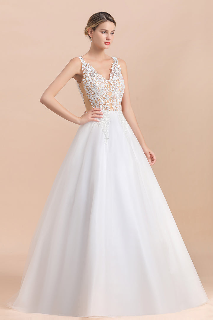 Bmbride Boho Wedding Dress with A-line Straps Tulle Appliques and V-Neck Lace
