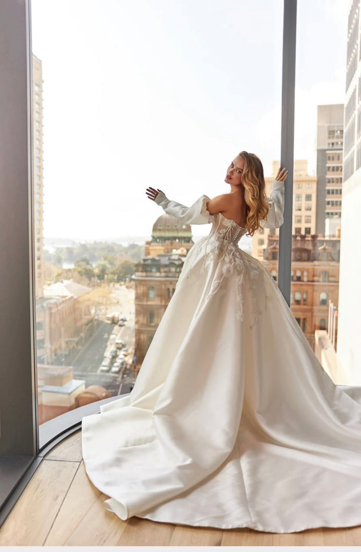 Long Prom Dress White A-line with Sequins Beaded Appliques
