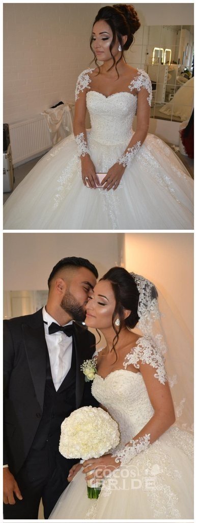 Bmbride Ivory Lace Appliques Wedding Dress with Pretty Sheer Long Sleeves