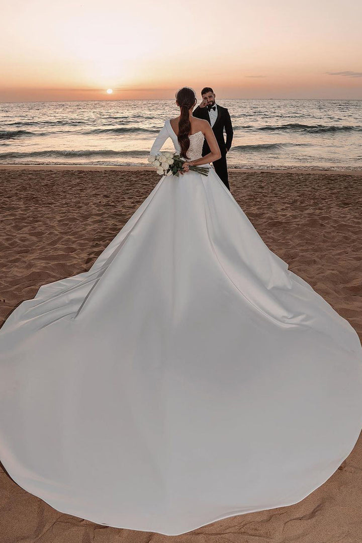 Bmbride One Shoulder Long Sleeve Sequins A-line Wedding Dress