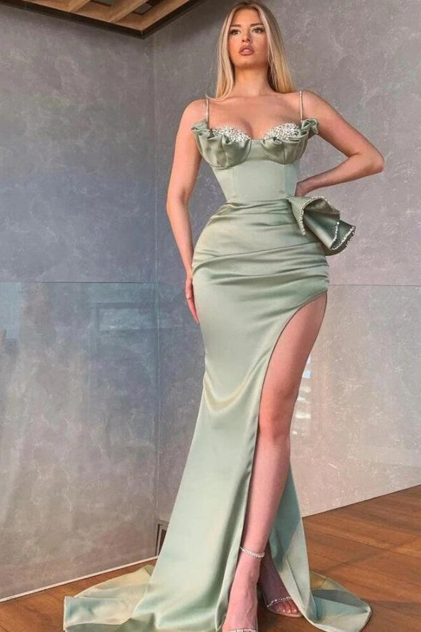 Sage Spaghetti-Straps Mermaid Prom Dress with Split Beadings and Ruffles
