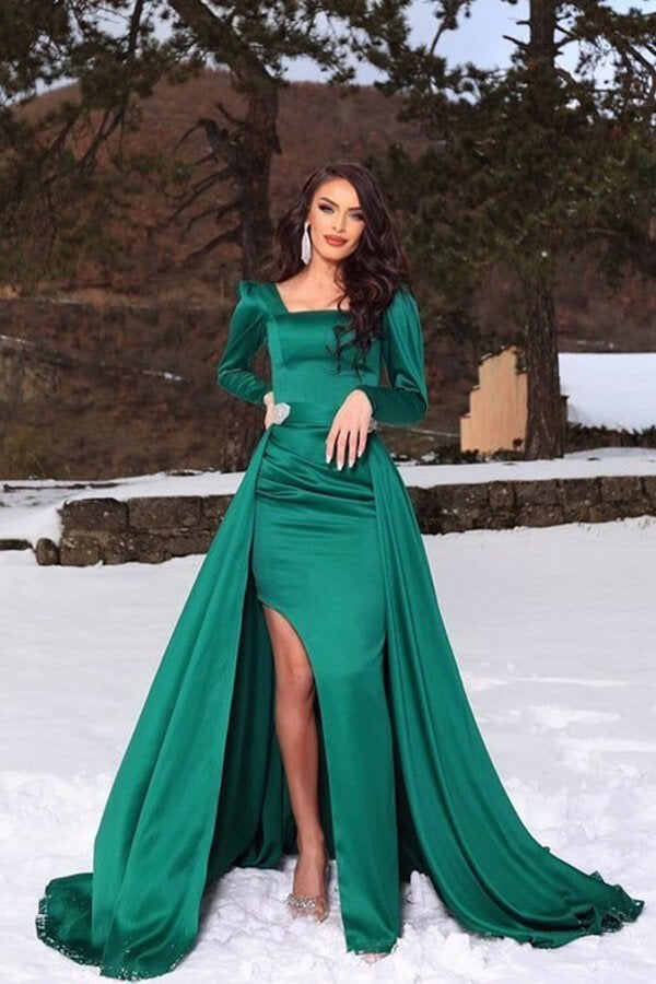 Dark Green Long Sleeves Mermaid Slit Prom Dress With Removable Skirt