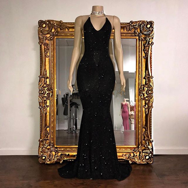 Sequinned V-Neck Halter Mermaid Evening Dress