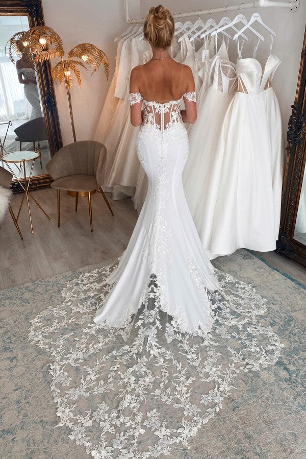 Bmbride Long Mermaid Off the Shoulder Chiffon Lace Backless Wedding Dresses