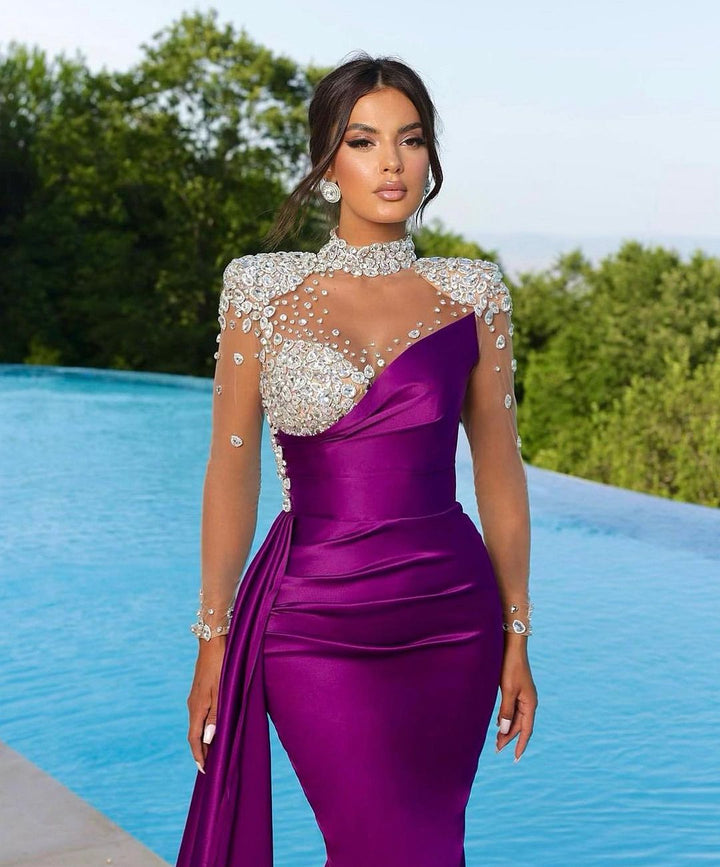 Long Sleeve Purple Satin Mermaid Prom Dress with Trail Beadings