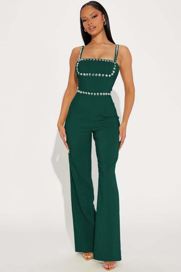 Koscy Fashion Green Square Neck Spaghetti-Straps Slim Fit Jump Suit