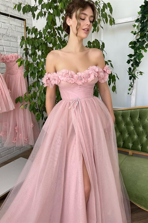 Pink Off-Shoulder Strapless A-Line Evening Dress With Tulle Appliques