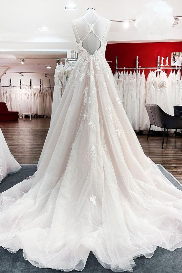 Bmbride Long Princess V-neck Tulle Wedding Dress with Lace and Spaghetti Straps