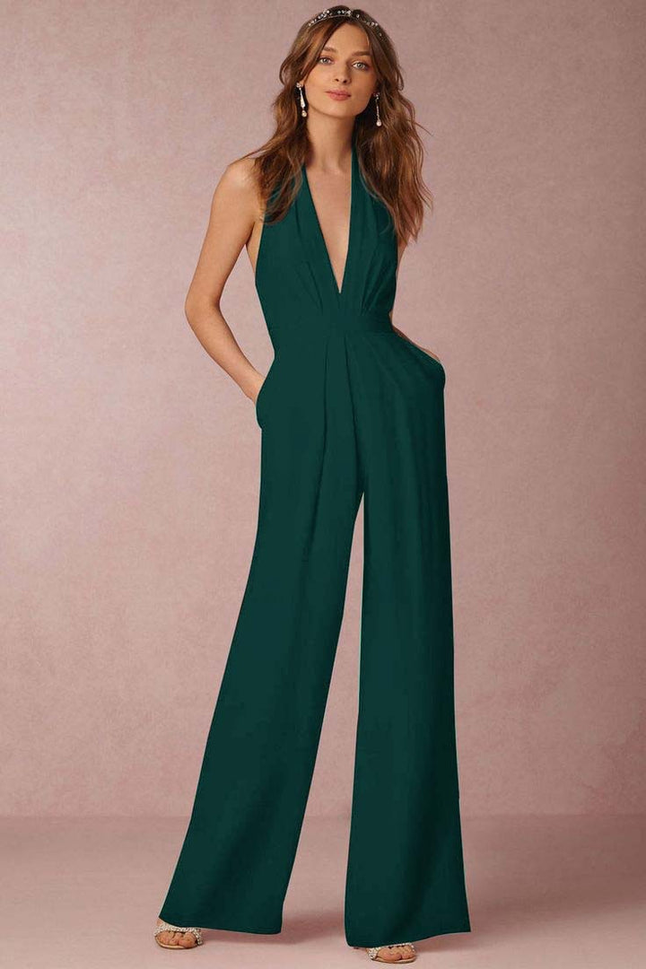 Koscy Casual Black Deep V-Neck Halter Long Daily Jump Suit