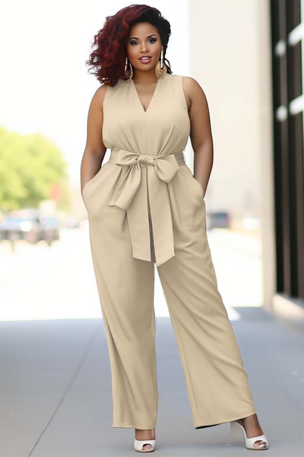 Koscy Pool Blue V-Neck Sleeveless Jump Suit With Bow Belt
