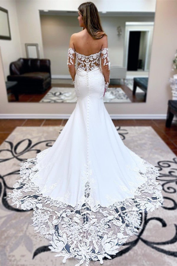 Bmbride White Long Mermaid Sweetheart Satin Lace Wedding Dress with Sleeves
