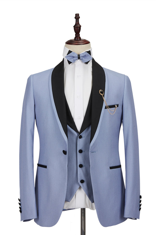 Koscy Fashionable Light Blue One-Button Suit with Black Shawl Lapel for Reception