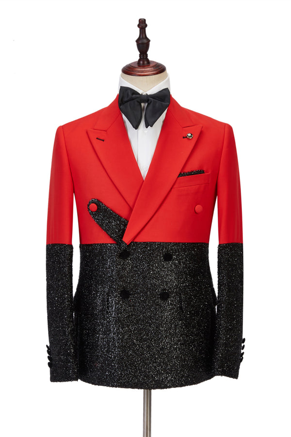 Koscy High-Quality Bright Red Tuxedo with Sparkling Black Peak Lapel
