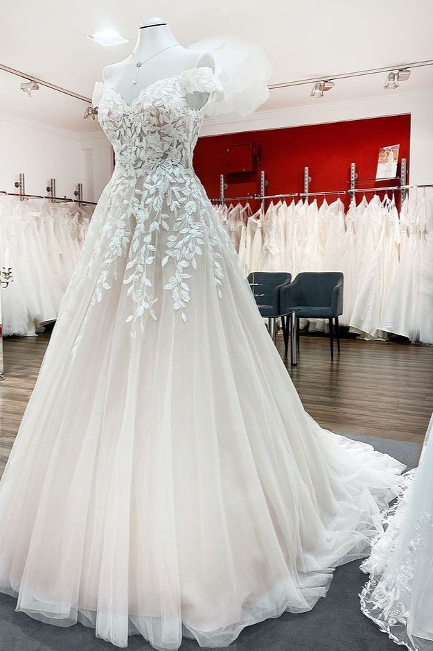 Bmbride Long A-line Off-the-Shoulder Tulle Lace Ruffles Wedding Dress