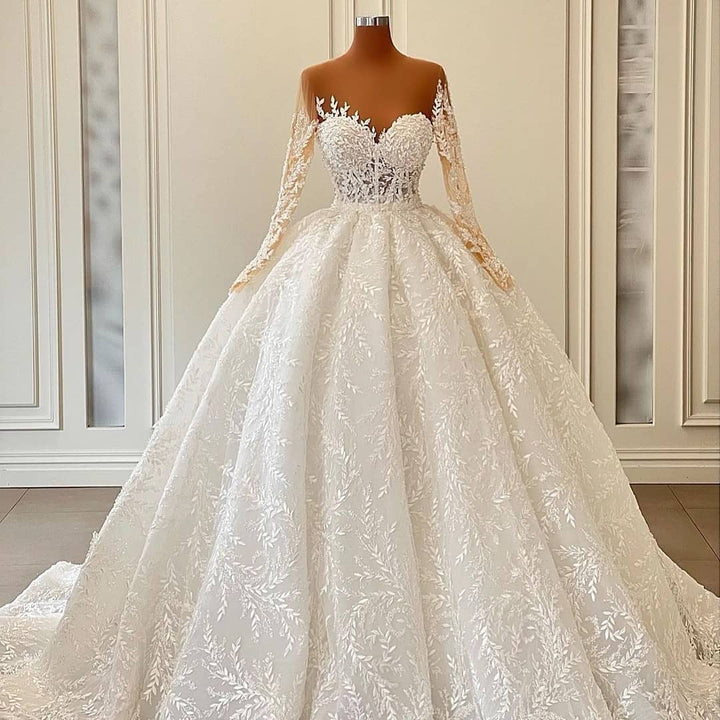 Bmbride Long Ball Gown Wedding Dresses with Sleeves featuring a Sweetheart Floral Pattern