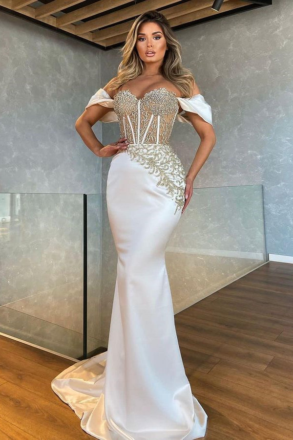 Off-The-Shoulder Appliques Long Mermaid Prom Dress in Stunning White