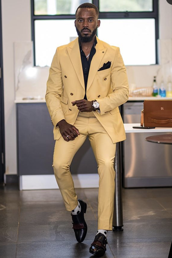 Koscy Glamorous Yellow Double-Breasted Groom Suit with Peaked Lapel