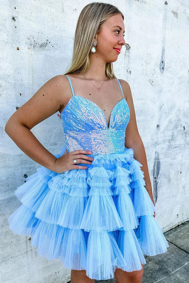Koscy Lavender Sequin V-Neck Ruffle Tiered Short Homecoming Dress
