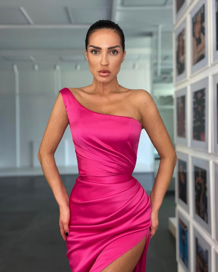 One Shoulder Sleeveless Rose Evening Dress With Slit