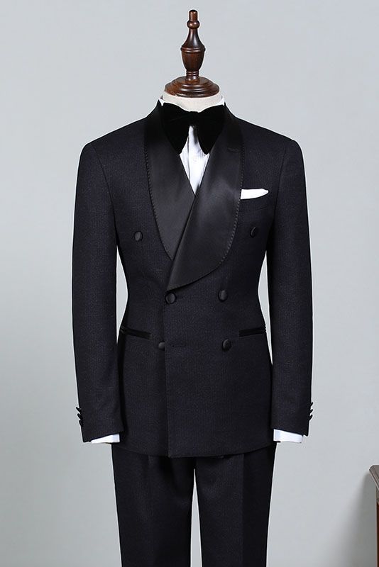 Koscy Solomon Stylish All-Black Double-Breasted Bespoke Wedding Suit for Bridegrooms