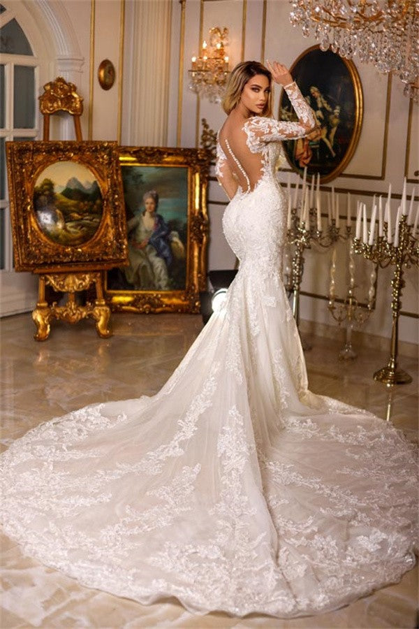 Bmbride Mermaid Sweetheart Tulle Lace Long Sleeves Wedding Dress with Train