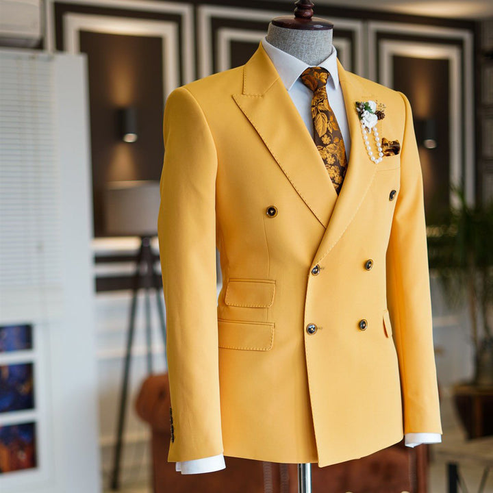 Koscy Popular Yellow Double-Breasted Bespoke Evening Suit with Peaked Lapel