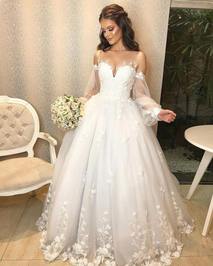Bmbride Long Elegant Princess Off-the-Shoulder Tulle Wedding Dress with Bubble Sleeves
