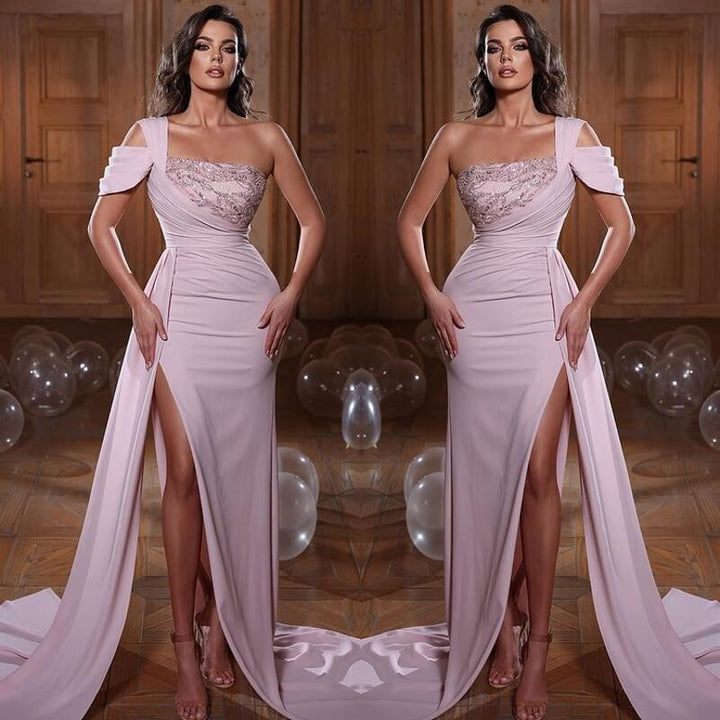 One Shoulder Mermaid Sequins Evening Dress With Slit Ruffles