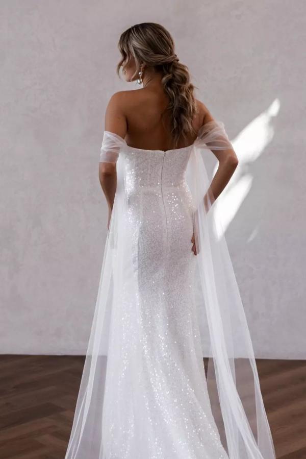 Bmbride Sparkly Long Mermaid Off-the-Shoulder Sequins Ruched Wedding Dress with Slit