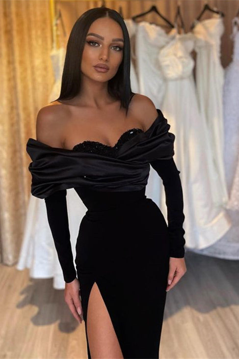 Mermaid Prom Dress Half-Sleeve With Slit Black Pleated
