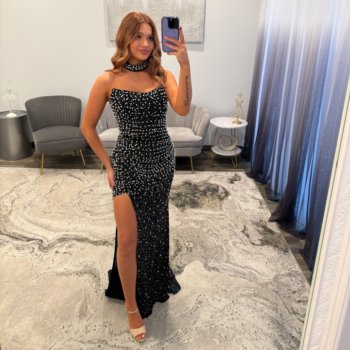 black embellished prom dress Sage Off The Shoulder A Line Satin Beaded Prom Dresses With Slit, Navy Blue / 0