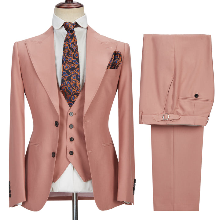 Koscy Pink Three-Piece Marriage Suit with Two Buttons and Peak Lapel for Men