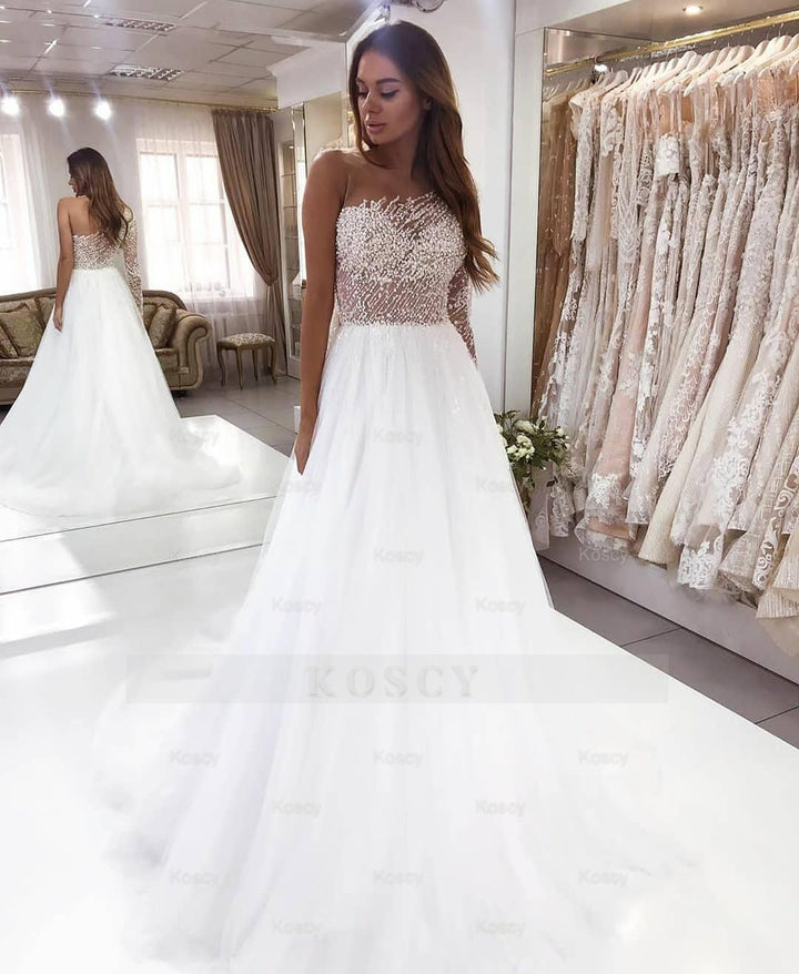 Fashion A-Line Bateau Long Sleeve Pearl Lace Floor-length Wedding Dres Fashion A-Line Bateau Long Sleeve Pearl Lace Floor-length Wedding Dres