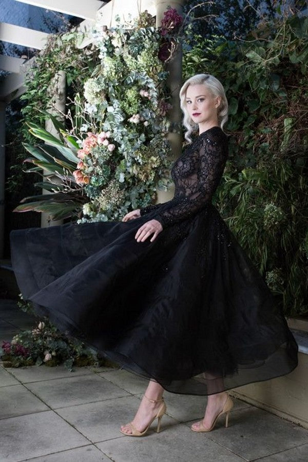 Fashion Black Bateau Long Sleeve Appliques Lace Tea-length Wedding Dre