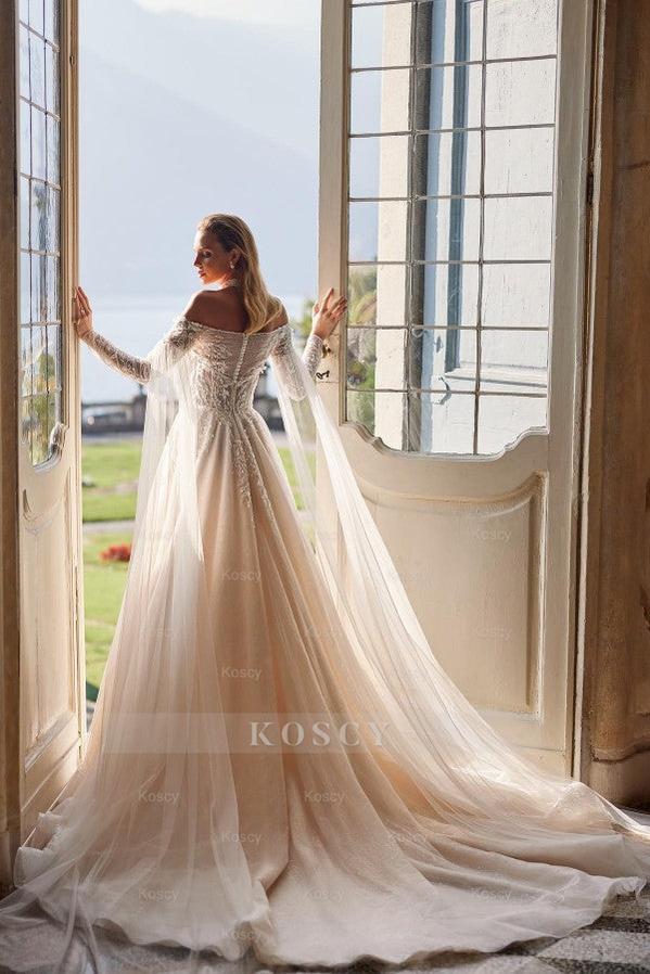 Fashion Long A-line Off the Shoulder Tulle Lace Wedding Gown with Slee