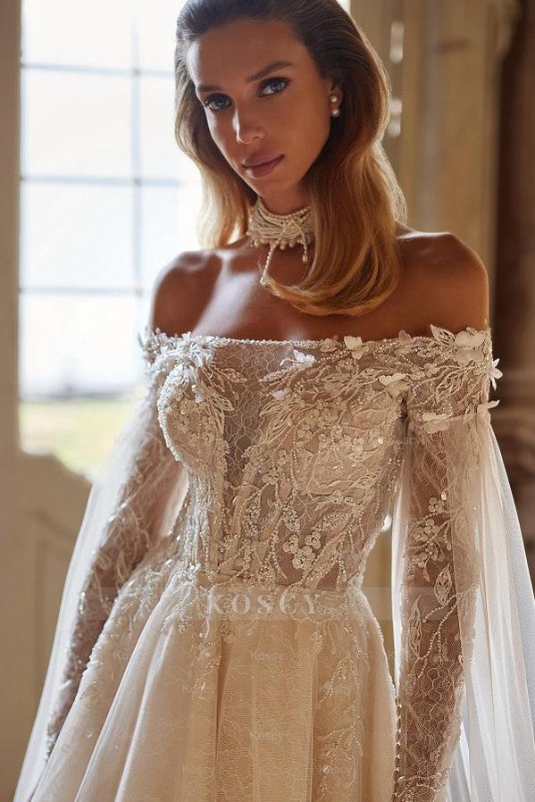 Fashion Long A-line Off the Shoulder Tulle Lace Wedding Gown with Slee Fashion Long A-line Off the Shoulder Tulle Lace Wedding Gown with Slee