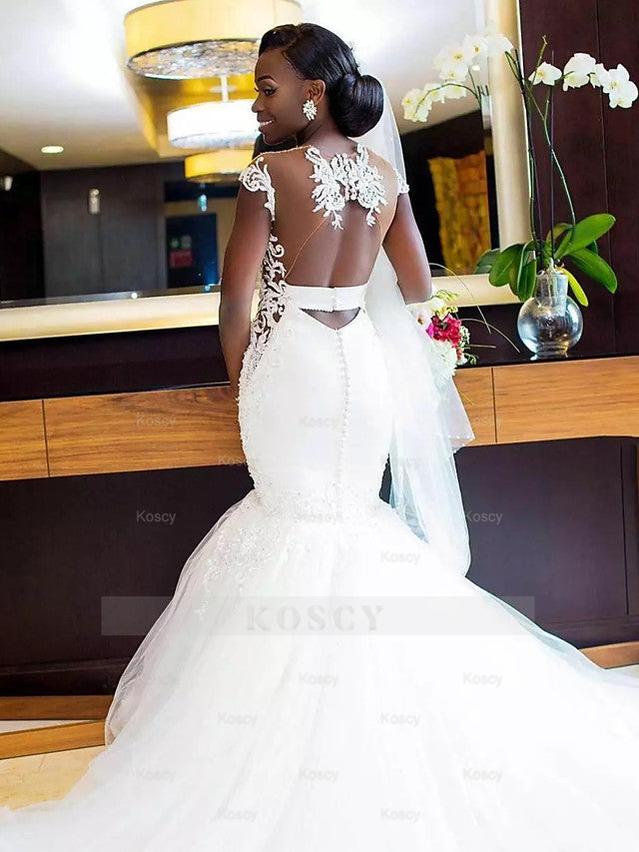 Fashion Mermaid Trumpet Wedding Gown with V Neck Chapel Train Lace Tul Fashion Mermaid Trumpet Wedding Gown with V Neck Chapel Train Lace Tul