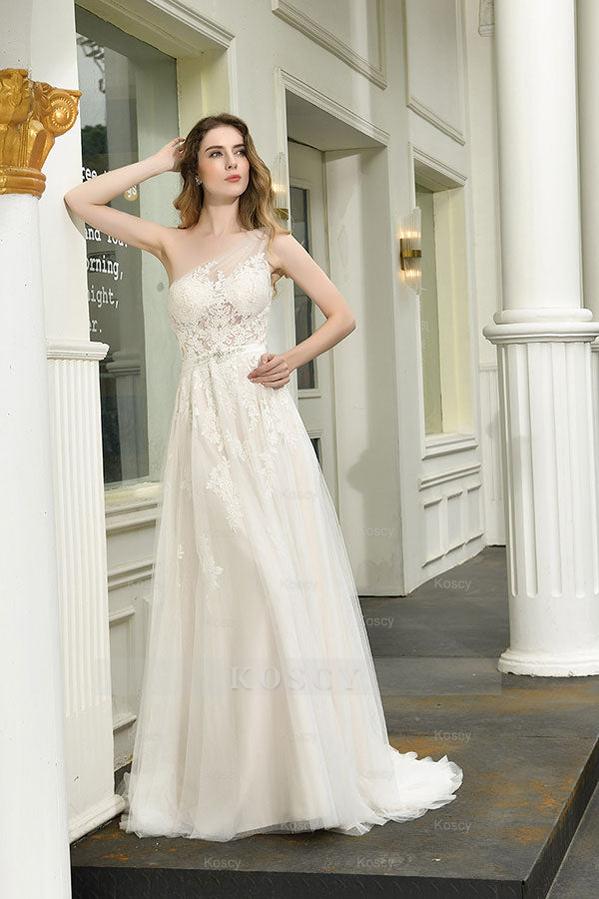 Fashion One Shoulder Tulle Lace A-Line Wedding Dress