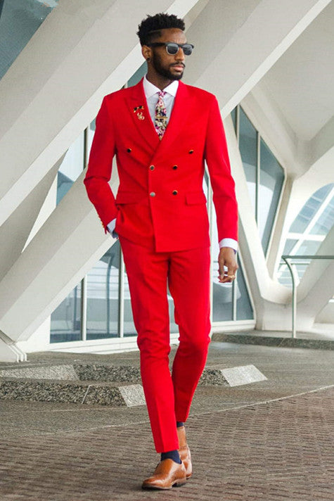Koscy New Red Double-Breasted Marriage Suit with Peaked Lapel