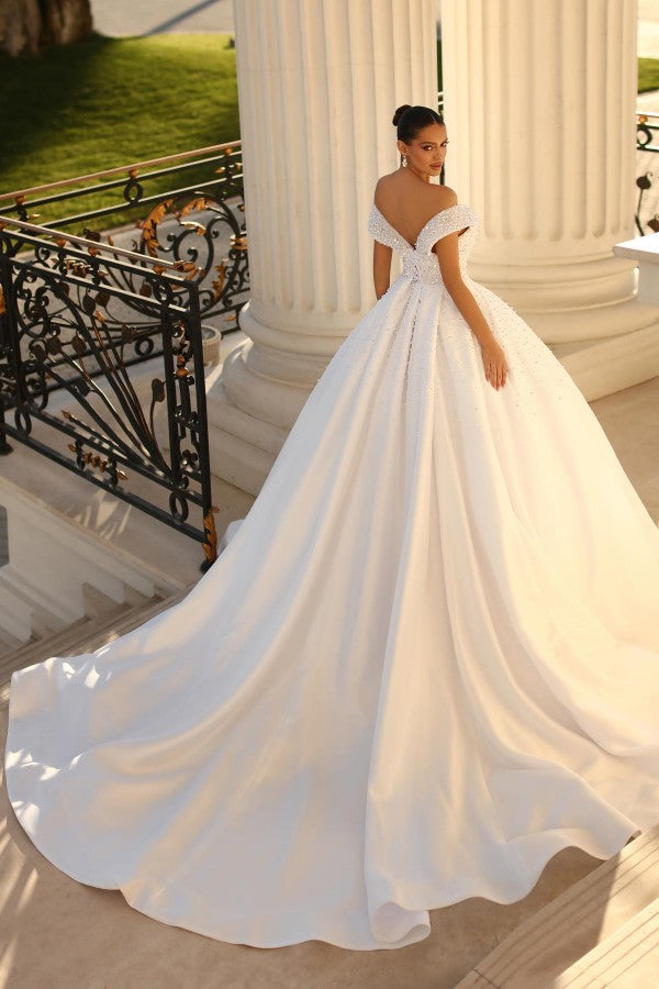 Bmbride Long Ball Gown Off the Shoulder Satin Backless Wedding Dresses