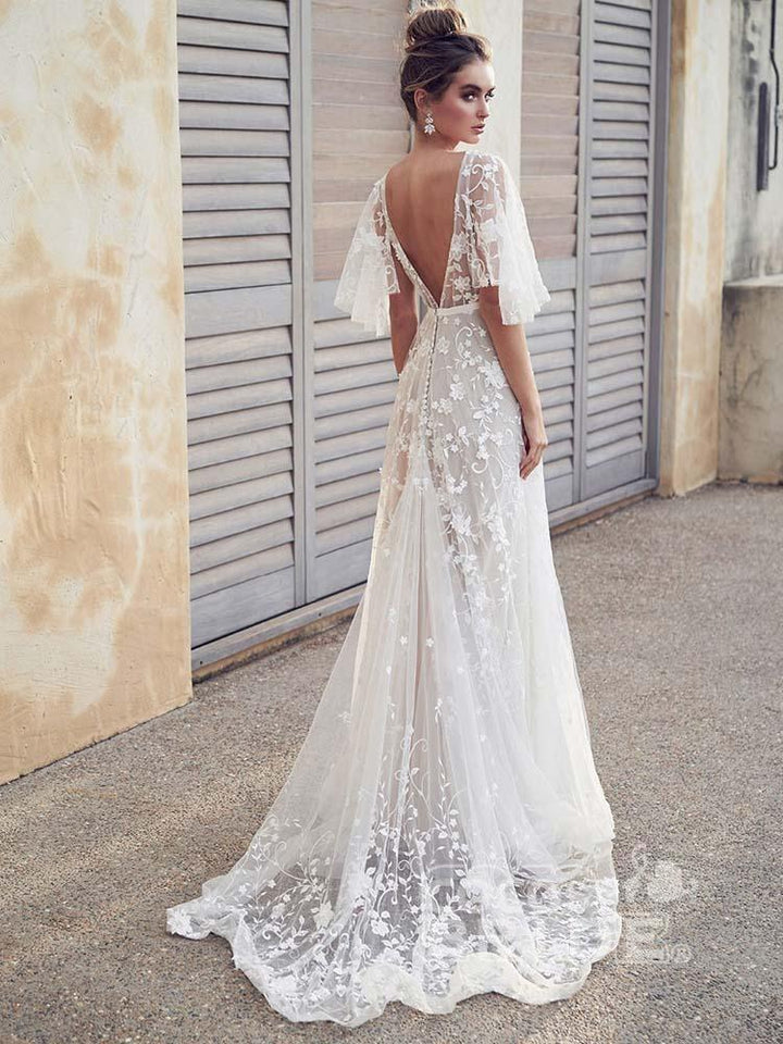Bmbride Affordable V-Neck Half Sleeve Lace Boho Wedding Dresses