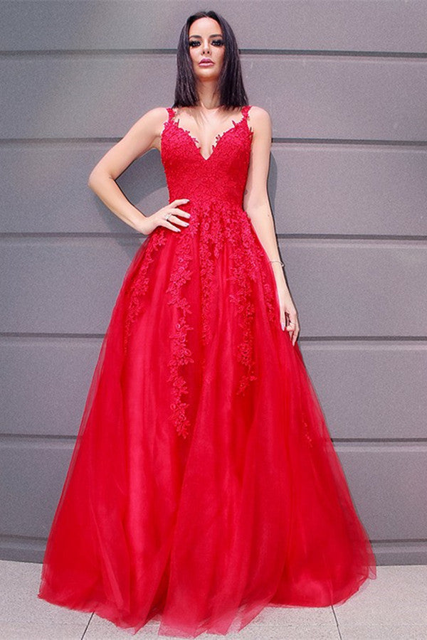 Sleeveless Red Prom Dress with Lace Appliques
