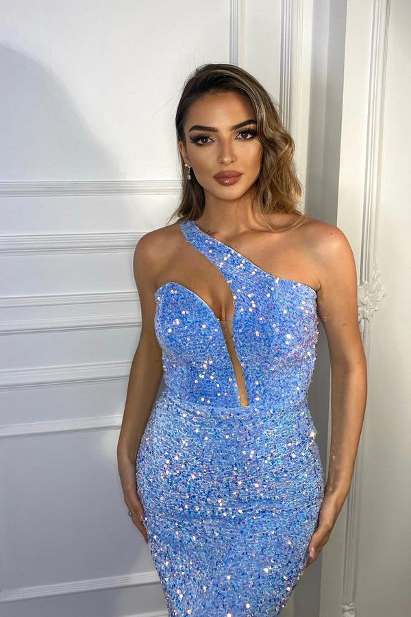 Sequins One Shoulder Mermaid Prom Dress Baby Blue