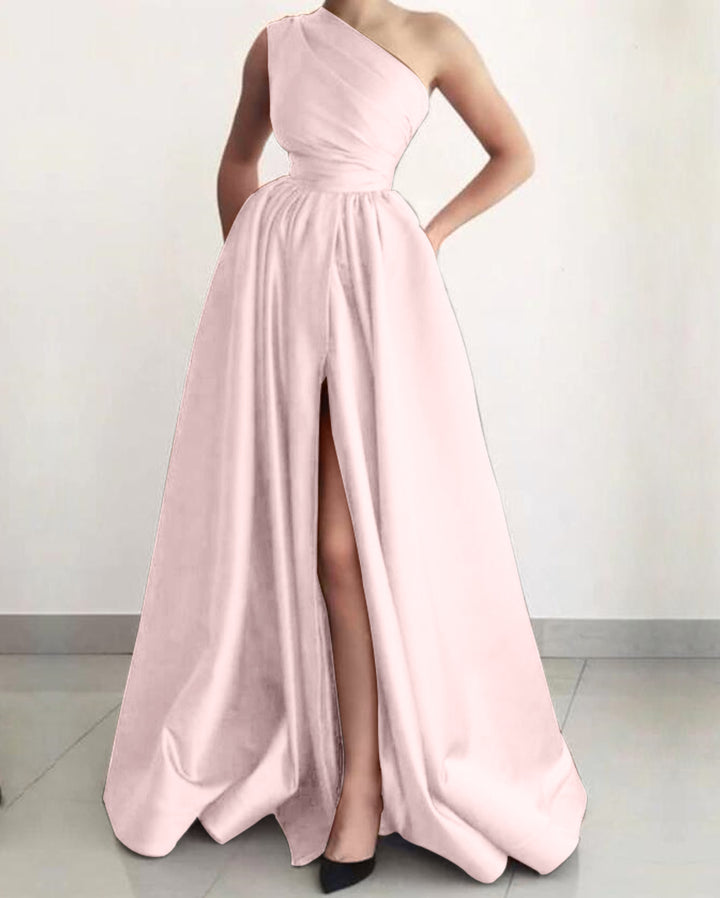 Elegant Prom Dress Burnt Orange One Shoulder A Line Split With Pockets