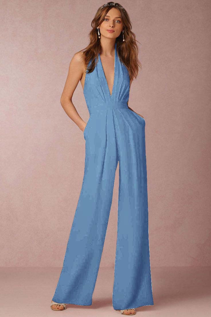 Koscy Casual Black Deep V-Neck Halter Long Daily Jump Suit