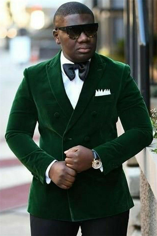 Koscy Dark Green Velvet Marriage Blazer Suit - Peaked Lapel with Double Breasted, Newest