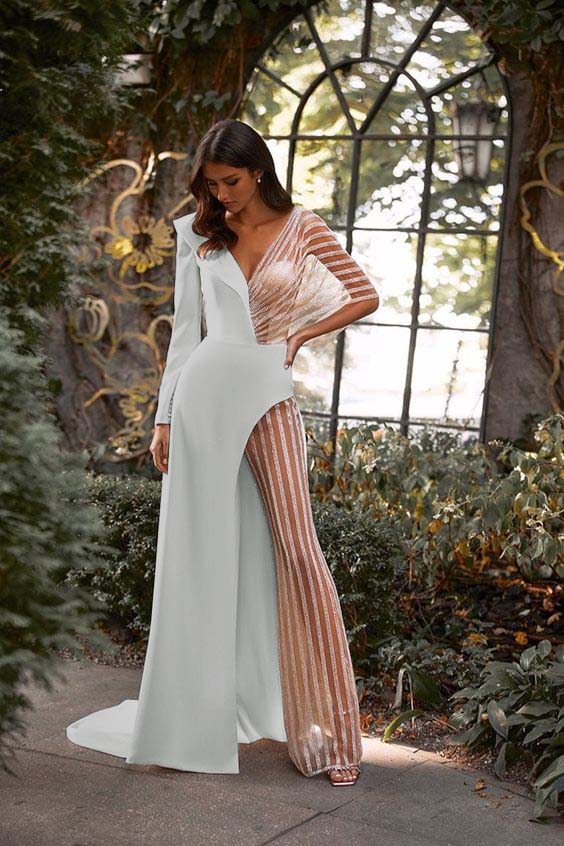 Koscy White Asymmetric V-Neck Jumpsuit Distinctive Women's Party Jump Suit