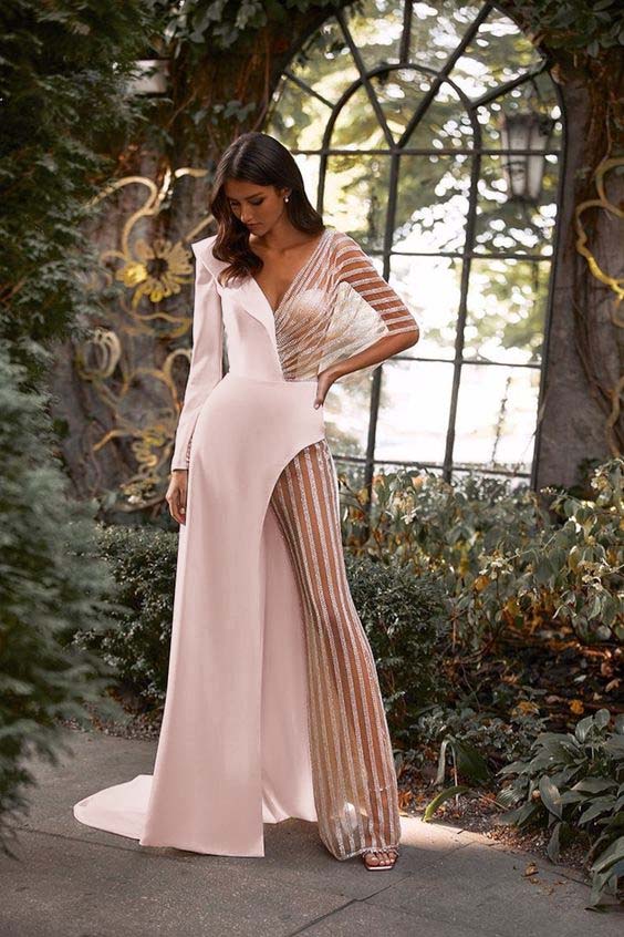 Koscy White Asymmetric V-Neck Jumpsuit Distinctive Women's Party Jump Suit