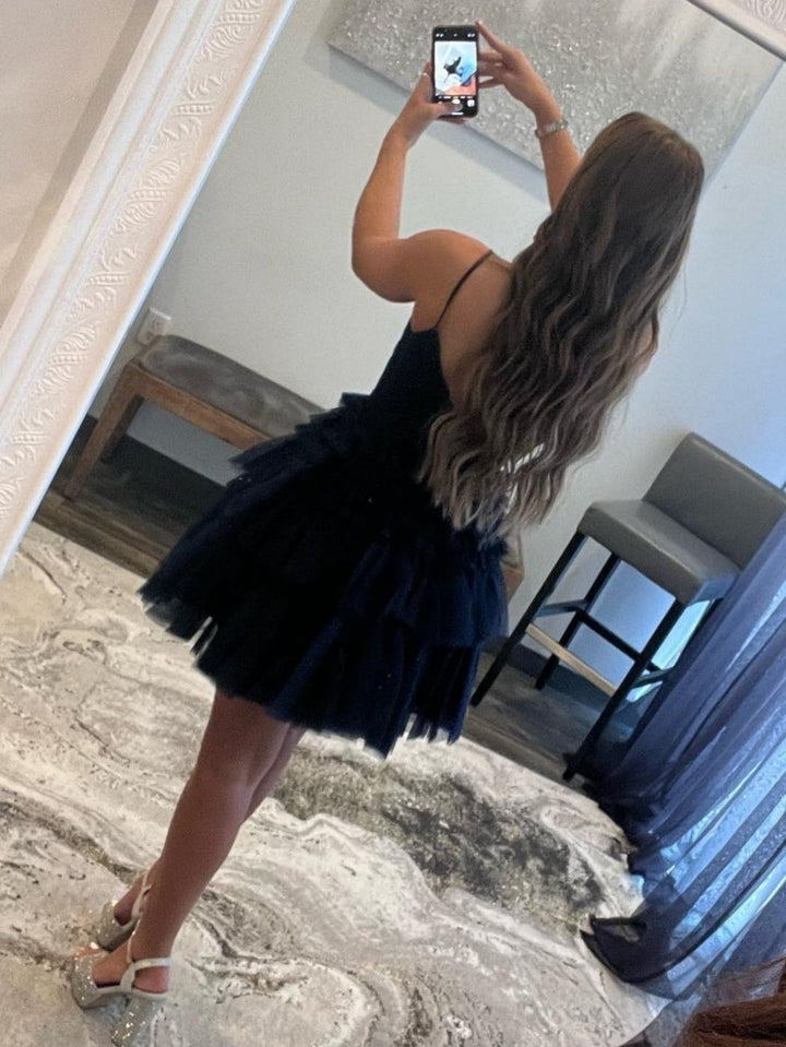 Koscy A-Line Deep V Neck Tiered Short Homecoming Dress